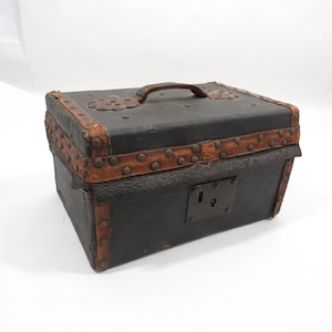 Leather Document Box Antique Brass tacks lined with paper Fragile Condition