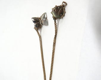 Sweater clip guard metal gold tone Vintage ladybug and butterfly
