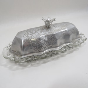 Butter Dish Glass Metal cover Vintage serving collectible