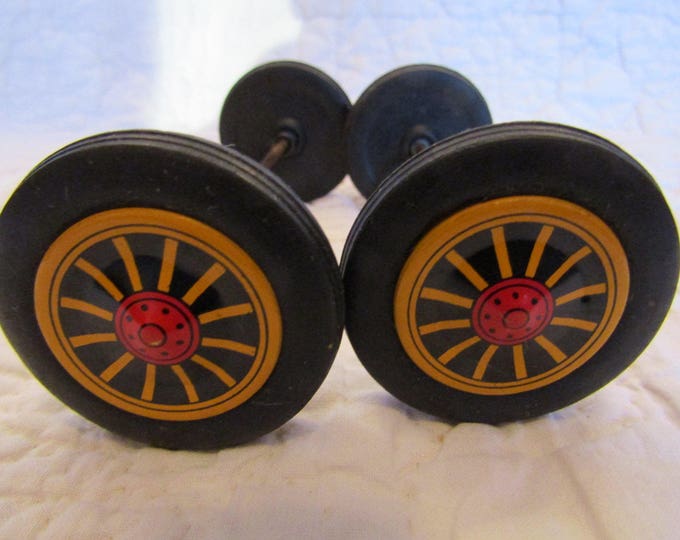 Vintage Toy Wheels on Axles Rubber and Metal on Tires Front and Back 4