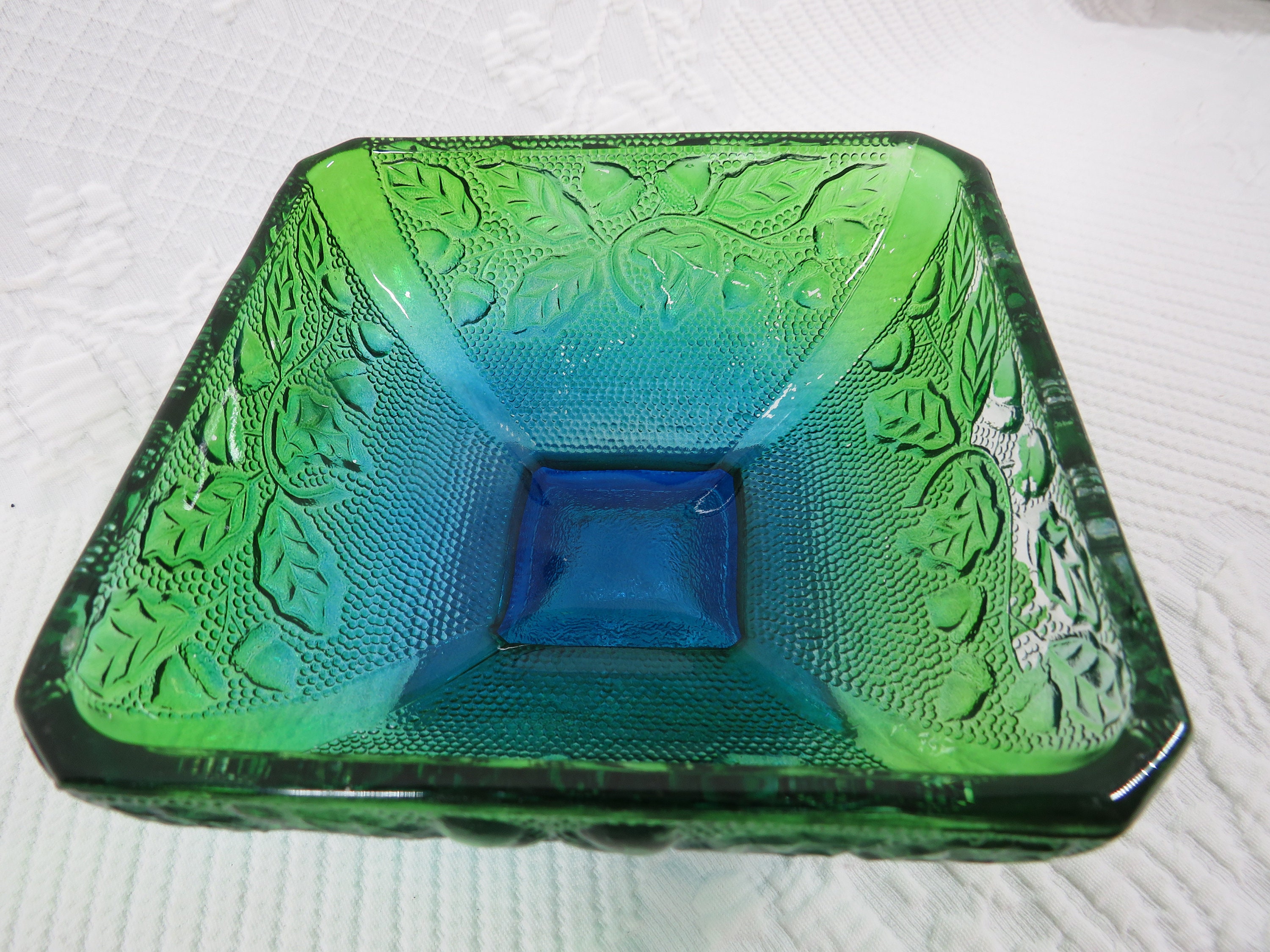 Candy Dish Blue Green Glass Vintage Etsy