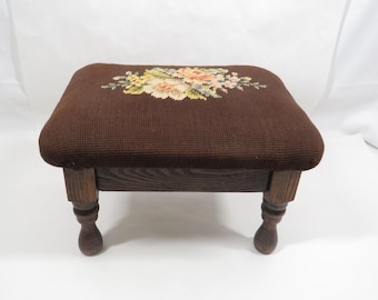 Foot Stool embroidered Top Vintage collectible furniture