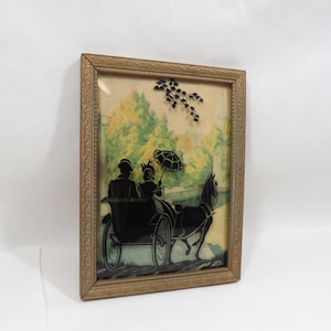 Picture Silhouette Convex Bubble Reverse Painted Glass Vintage wood frame