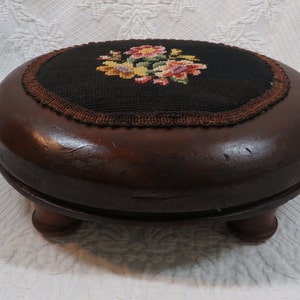 Stool Embroidered top Wood Base Antique Granny Cottage core