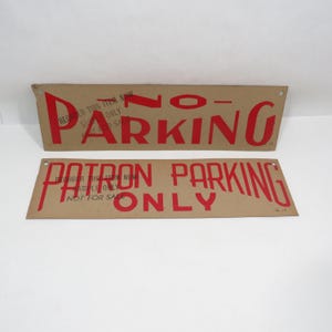 2 Cardboard signs mcm Patron Parking / No Parking vintage