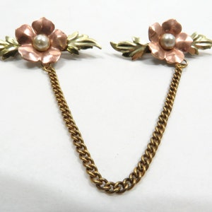 Sweater pin clip guard faux pearls 2 tone metal Vintage Granny core