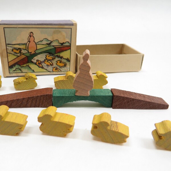 Miniature Matchbox wood toy Bridge, woman ducks West Germany nos vintage