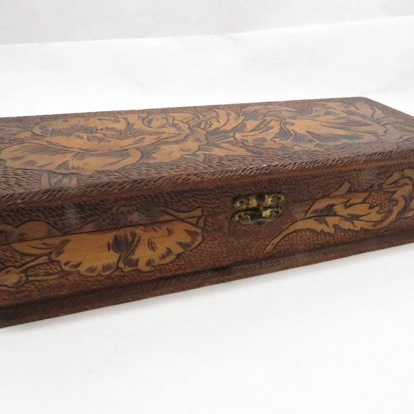 Flemish Art Pyrography Box Floral design Vintage