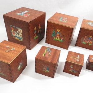 7 Nesting Boxes wood Fairytale decals dove tail joints Vintage mid century collectible