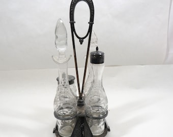 Cruet Set Meriden B & Co 4 slot with Etched glass bottles Antique Kitchen collectible