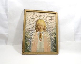 Religious Picture Satin in the back of child praying Vintage dated 1935