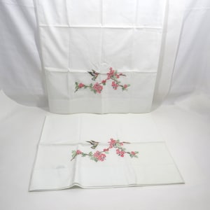 2 Pillow Cases Floral with birds embroidered Vintage cotton NWOT