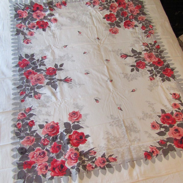 Vintage Tablecloth Cotton Roses Stunning 61 1/2 inches x 51 inches