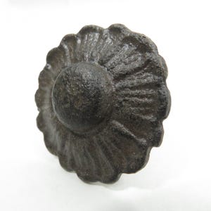 May include: A dark gray cast iron flower-shaped knob with a raised center. The knob has a scalloped edge and a textured surface.