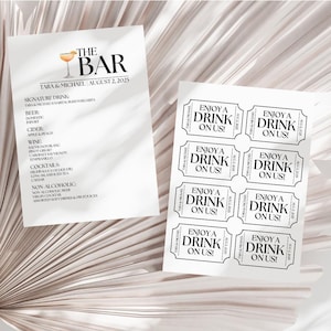 Plantillas de menú de bar y tickets de bebidas para bodas / Letreros de boda minimalistas modernos y personalizables para invitados a la boda