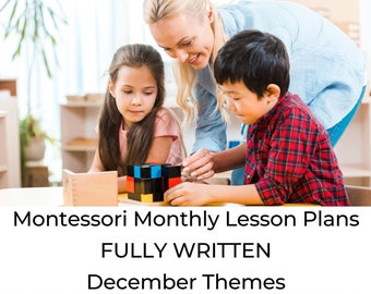 May include: A group of children and an adult interacting with colorful wooden blocks and shapes. The image includes the text "Montessori Monthly Lesson Plans FULLY WRITTEN December Themes."