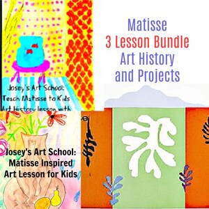 May include: A collage of three images featuring artwork inspired by Henri Matisse. The top image shows a blue chair with red fish, the middle image shows a vase with flowers and fruit, and the bottom image shows a green and orange abstract design with white shapes. The text "Josey's Art School: Teach Matisse to Kids Art History lesson with" is visible in the top image. The text "Josey's Art School: Matisse Inspired Art Lesson for Kids" is visible in the middle image. The text "Matisse 3 Lesson Bundle Art History and Projects" is visible in the top right corner.