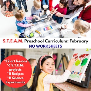 May include: A preschool classroom with children playing music. The classroom is decorated with a colorful checkered rug. The text on the image reads "S.T.E.A.M. Preschool Curriculum: February NO WORKSHEETS *22 art lessons *6 S.T.E.M. projects *11 Recipes *11 Science Experiments".