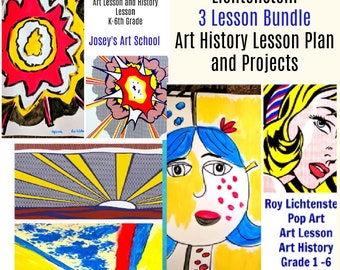 Lichtenstein Art 3 Lesson Bundle Girl Ribbon Sunrise Explosion K-6th Common Core Art History Drawing Elementary Art camp Homeschool Art Club