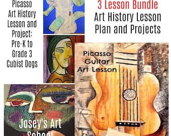 Picasso Art Project Bundle | 3 Creative Cubism Lessons (Guitar, Mask & Dog) | Elementary Art, Homeschool, Art Camp, Sub Plans