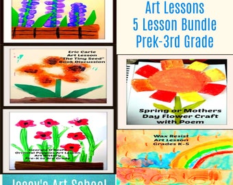 Spring Bundle Flower Art lessons 5 Lesson PRE-K -3rd Grade Paint Common Core Art History Drawing Elementary Art camp Homeschool Art Club