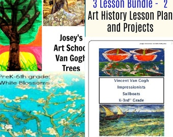 Van Gogh Art 3 Lesson Bundle Trees Almond Blossoms Sailboats K-4th Common Core Art History Drawing Elementary Art camp Homeschool Art Club