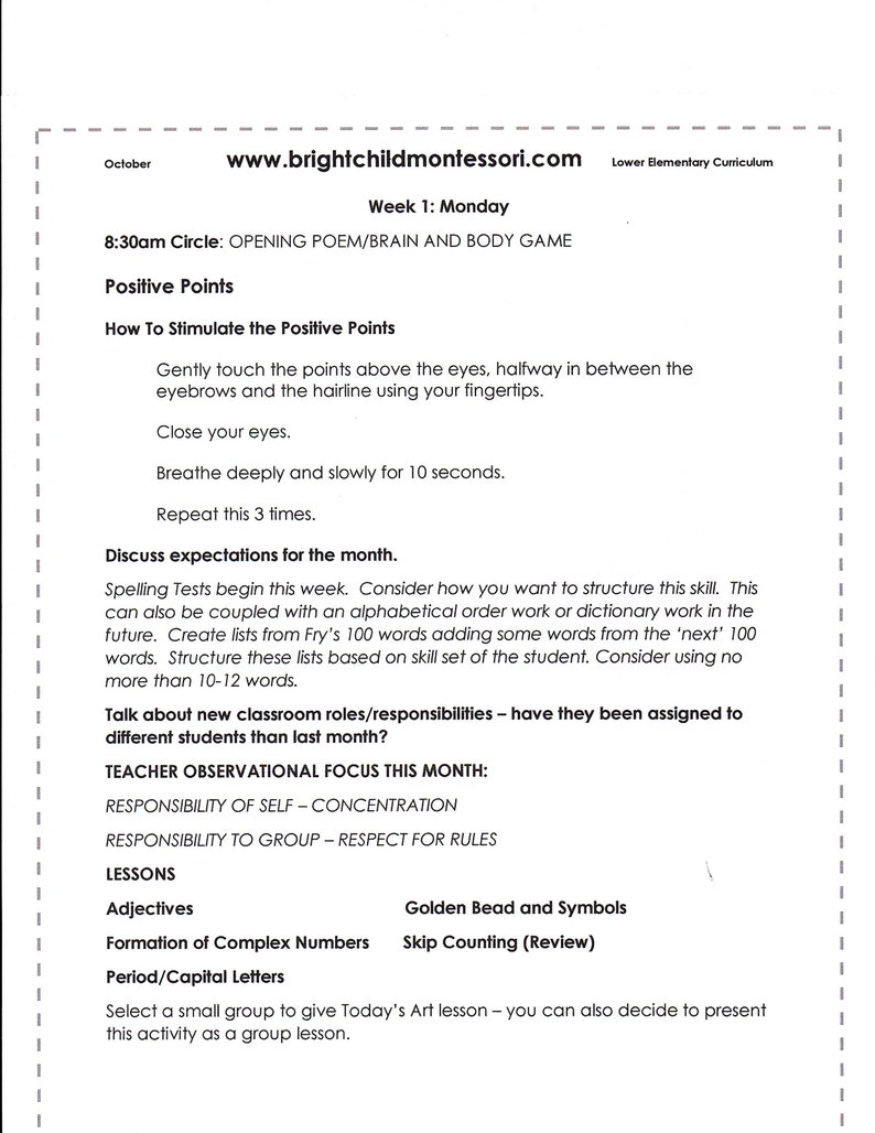 Lower Elementary Montessori DAILY Lesson Plan October Grade 1 Etsy