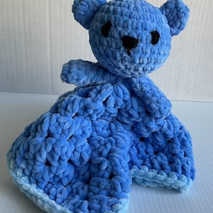 Handmade crochet blue Teddy bear lovey security blanket very soft