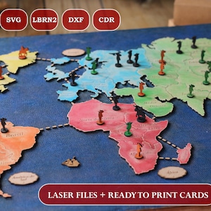 Paquete de archivos de juego de dominación mundial inspirado en Risk, cortados con láser | LightBurn, SVG, DXF | Tarjetas imprimibles + Tropas + Iconos | Kit de tablero de juego para armar