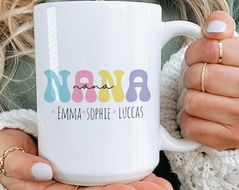 Personalized Grandma Mug With Grandkids Names, Custom Nana Cup, Retro Groovy Grandmother Coffee Mug, Mother’s Day Gift.