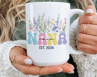 Personalized Nana Mug, Promoted To Grandma Est Year Cup, Retro Floral New Nana Coffee Mug, Pregnancy Announcement Gift, Mothers Day Gift
