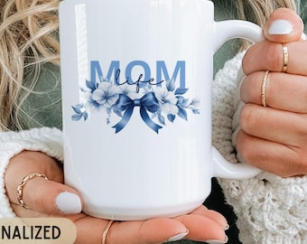 Personalized Mom Mug Custom Name Coffee Cup Blue Floral Bow Design Gift for Mom Mother’s Day Gift Ceramic Mug Unique Gift Idea