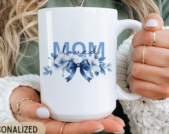 Personalized Mom Loved Est. Mug With Blue Toile Floral Bow Design, Custom Coffee Cup Chinoiserie Style, Mother's Day Gift, Future Mom Gift