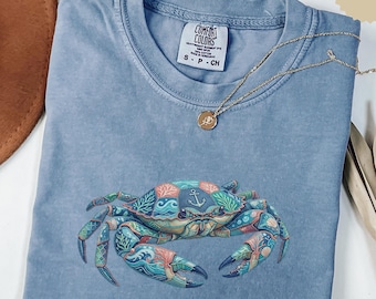 Faux Patchwork Crab Shirt, Comfort Colors Blue Jean Coastal Tee, Ornate Ocean Mandala Tshirt, Bohemian Beach Graphic, Artistic Sea Life Gift