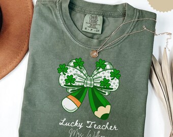 St Patricks Day Personalized Teacher Shirt, Lucky Teacher Shamrock Bow Pencil Tee, Comfort Colors® Irish Gift For Women