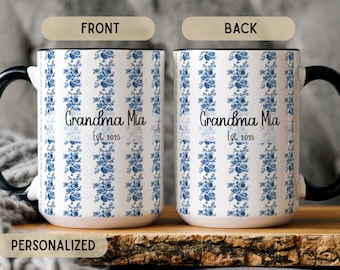 Personalized Grandma Mug Blue Floral Vintage Pattern Custom Name Est Year Coffee Cup Gift for Grandma Nana Mother's Day Gift Idea