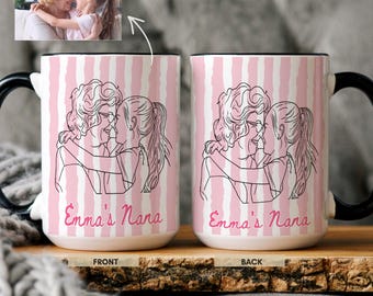 Personalized Grandma Mug, Custom Line Art Portrait Mug, Grandma and Grandpa Striped Coffee Cup, Mothers Day Gift, Birthday Gift