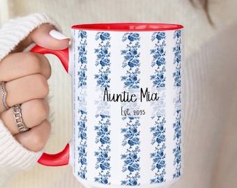 Personalized Aunt Mug Custom Name Blue Floral Coffee Cup Gift for Auntie Nana Vintage Pattern Est Year Ceramic Mug Unique Gift Idea