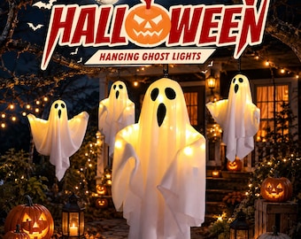 May include: White hanging ghost lights with illuminated interiors, featuring black oval eyes and mouths. The text HALLOWEEN HANGING GHOST LIGHTS is displayed above the ghosts, which are set against a dark outdoor scene with pumpkins.