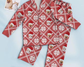 Pijamas navideños familiares con cara personalizada: Conjunto de pijama personalizado con foto de mascota a juego