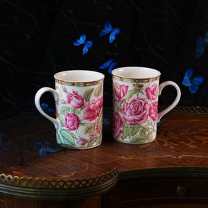 Vintage Royal Bone China Mug Pair – Collector's Series Botanical Pink Roses, Stained Glass Gilt Border, Matched Set, Thailand 1990s image 1