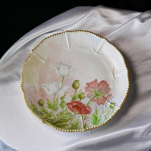 May include: A white porcelain plate with a scalloped edge and a gold beaded rim. The plate features hand-painted red and white poppy flowers with green leaves and buds. The background has a soft pink hue.