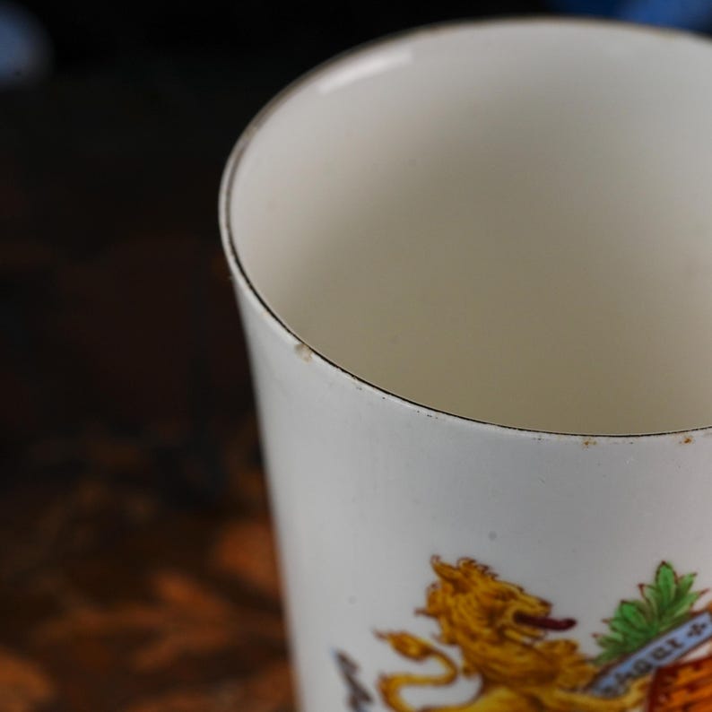 Puede incluir: Una taza de cer&aacute;mica blanca con un escudo her&aacute;ldico detallado que muestra un le&oacute;n dorado y follaje verde. El borde de la taza presenta una l&iacute;nea oscura delgada con una peque&ntilde;a muesca y una ligera decoloraci&oacute;n marr&oacute;n en la parte superior.