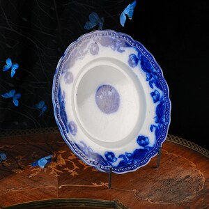 Antique New Wharf Pottery Geneva Flow Blue Plate 10” – Art Nouveau Cobalt Tulips, Semi-Porcelain Staffordshire England, Scalloped Rim, 1890s image 2