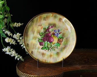 Vintage Royal Tudor Ware fruitschaal – Stilleven met aardbei en braam, met de hand geborsteld gearceerd, gouden rand, Engeland jaren 1940