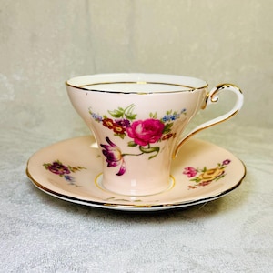 Vintage Aynsley Bone China Teacup and Saucer - Fluted Pink with Hand-Painted Roses Floral Motifs and Gold Trim, 1950s, Made in England