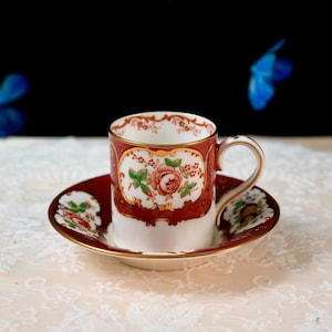 Antique Fenton “Reproduction of Old Sevres” English Bone China Demitasse Cup & Saucer – Burgundy Red, Hand-Painted Roses, Gilt Scrolls 1920s