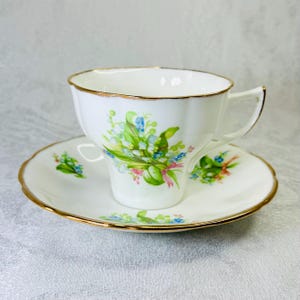 Vintage Jason Bone China Tea Cup & Saucer - Lily of the Valley, Forget-Me-Not Floral Bouquet, Scalloped Gold Trim - Made in England 1950s