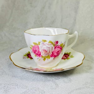 Vintage Crown Bone China Tea Cup and Saucer Set – Pink Rose Design, Gold Trim Scalloped Edge, Made in England 1950s, Unique Collectible