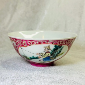 Cuenco chino antiguo de la familia Rose, pintado a mano, con la marca Jiangxi Mingci, motivo de pescador y paisaje, esmalte floral rosa, Aisan vintage de los años 30